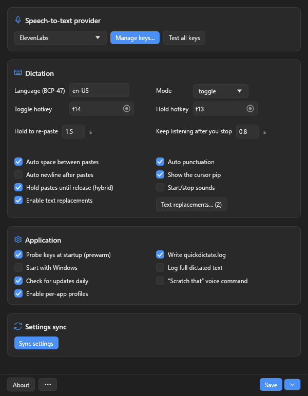 QuickDictate Settings window showing the speech-to-text provider picker, API key manager, and hotkey toggles