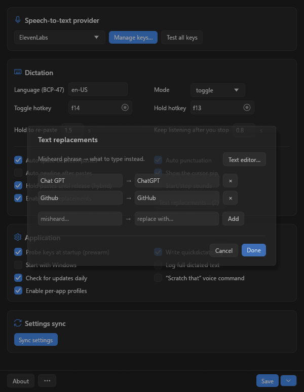 QuickDictate text-replacements editor showing a table of misheard phrases mapped to corrected text